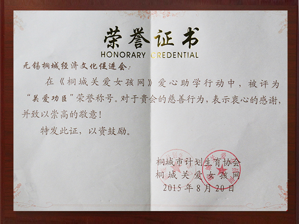 2015年關(guān)愛(ài)工程榮譽(yù)證書(shū)